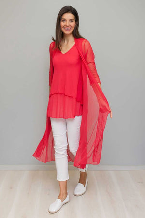 Open mesh long cardi in Red over Red top and White pants
