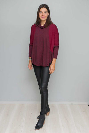 textured and plain skivvy neck long sleeve boxy shape top in Pink over Black pants