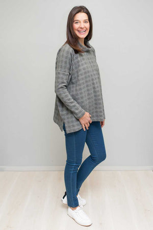 Skivvy neck boxy jumper in Grey check over Blue jeans