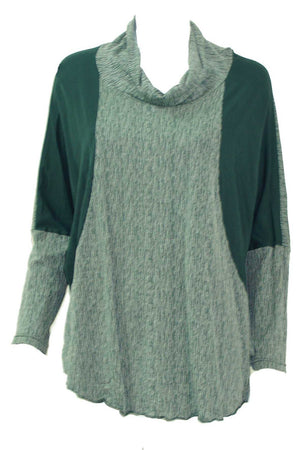 textured and plain skivvy neck long sleeve boxy shape top in Green