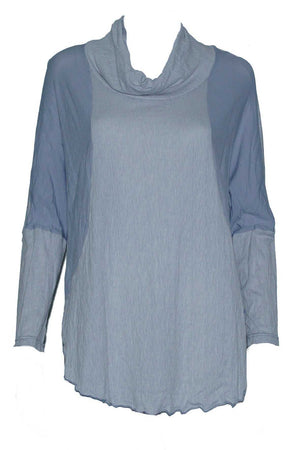 textured and plain skivvy neck long sleeve boxy shape top in Grey