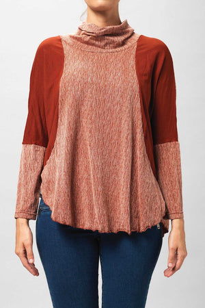 textured and plain skivvy neck long sleeve boxy shape top in Red